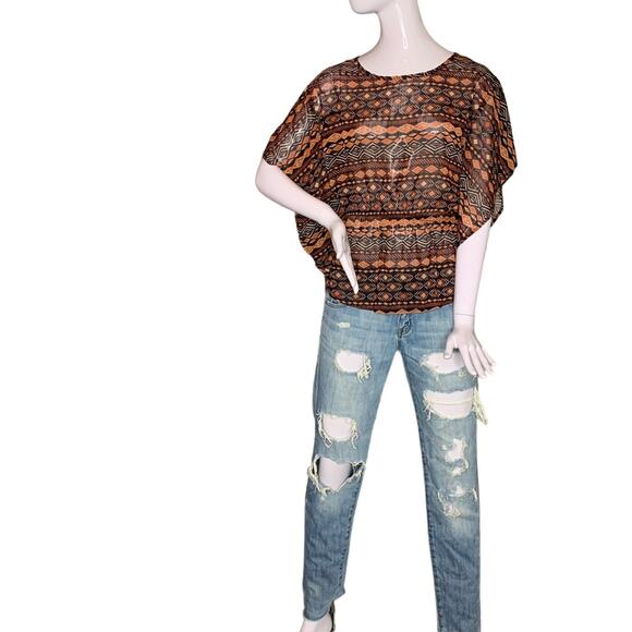 ULTRA FLIRT TRIBAL Sheer Women Top Short Sleeve Elastic on Waist Size M - Picture 3 of 8